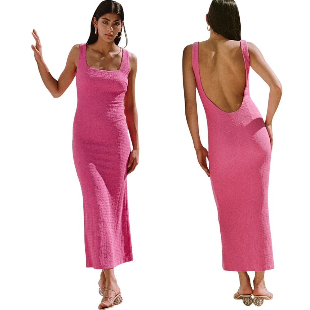 SABO Backless Lauryn Midi Maxi Dress Textured Low Back Hot Pink NEW 8